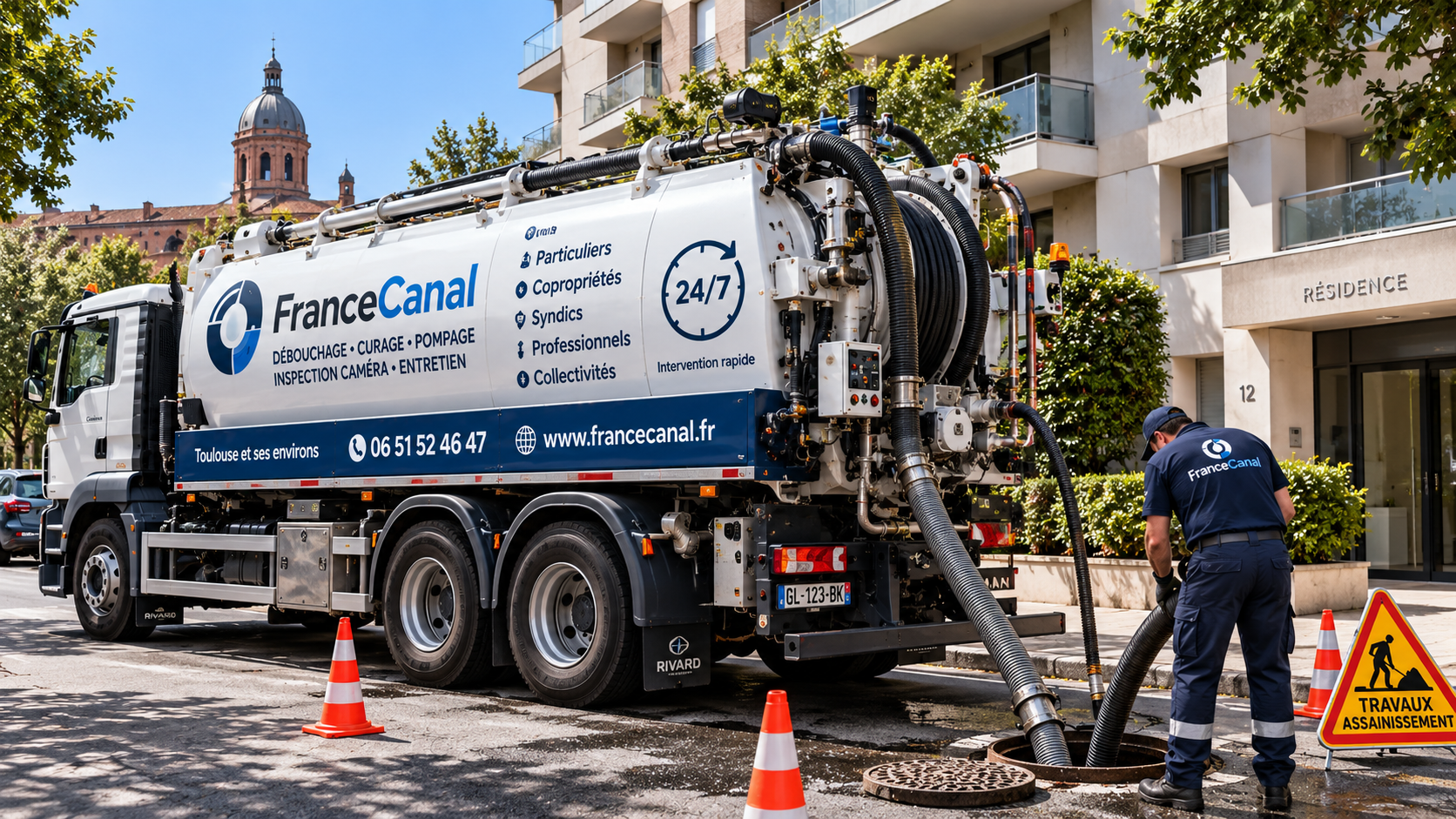 Camion hydrocureur et de pompage FranceCanal en intervention devant une résidence à Toulouse