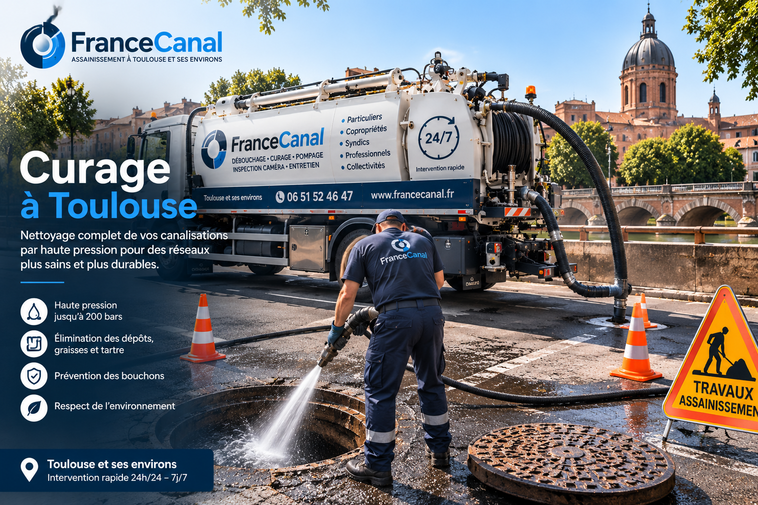 Curage haute pression d'un réseau d'assainissement à Toulouse