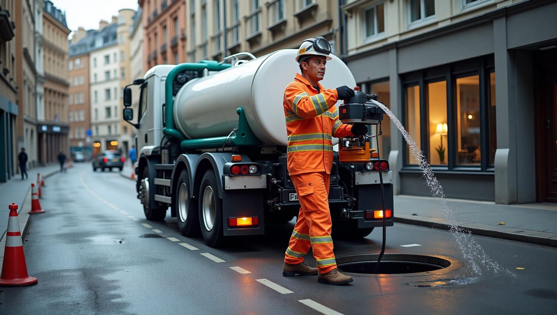Camion hydrocureur FranceCanal intervenant à Toulouse pour un curage haute pression